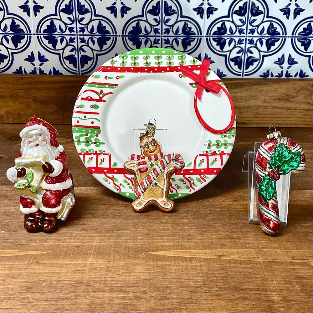 Old World Christmas Ornaments Vintage Glass Santa Red Green Cookie Plate Bundle